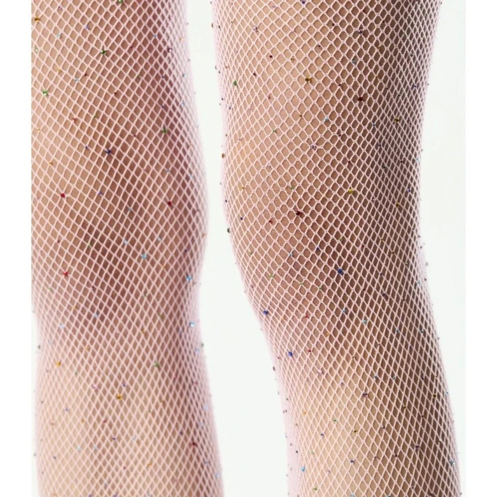 Songs of Siren Pink Fishnet Stockings with Multi Colored Rhinestones New